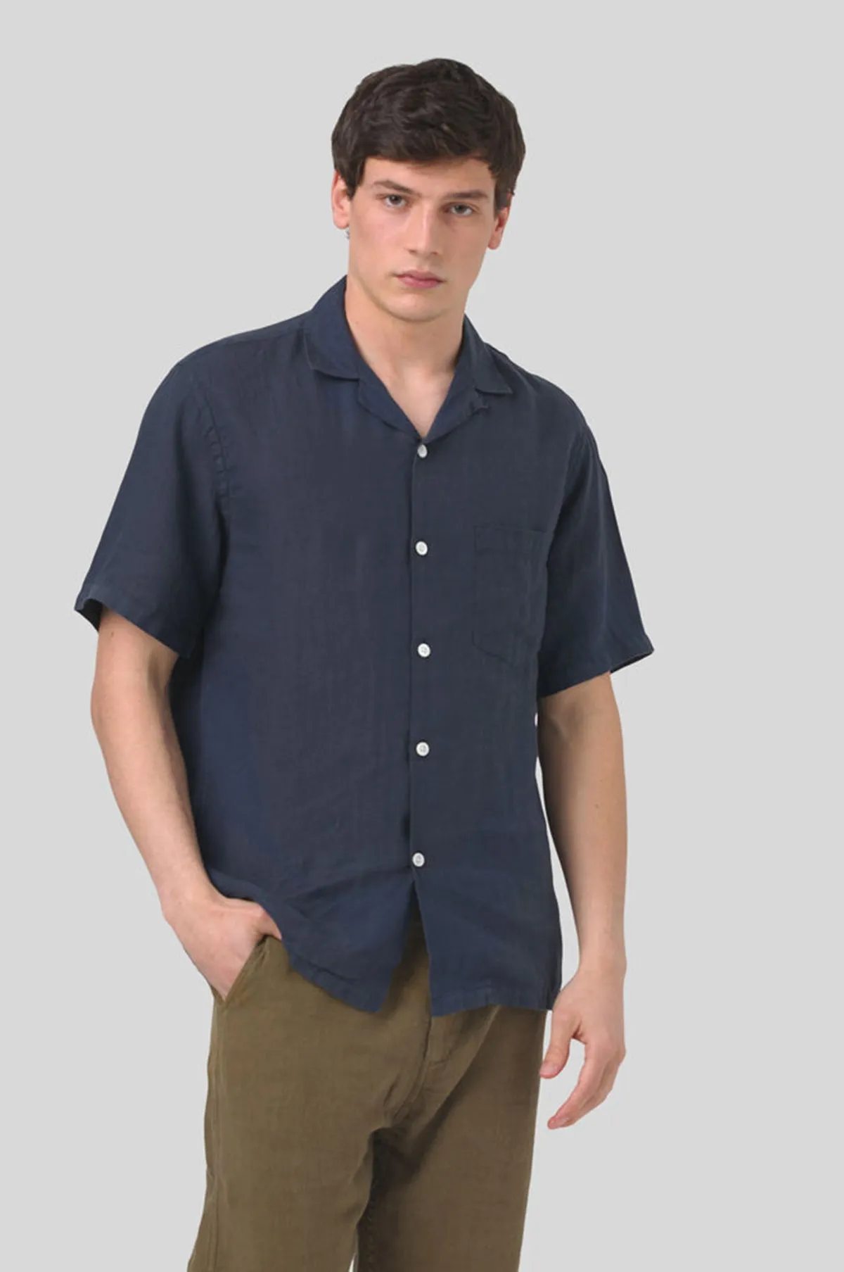 Linen Camp Collar Shirt Navy