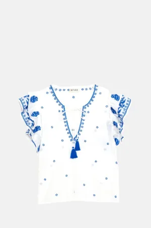 Mina Emb S/S Top Ivory/Blue