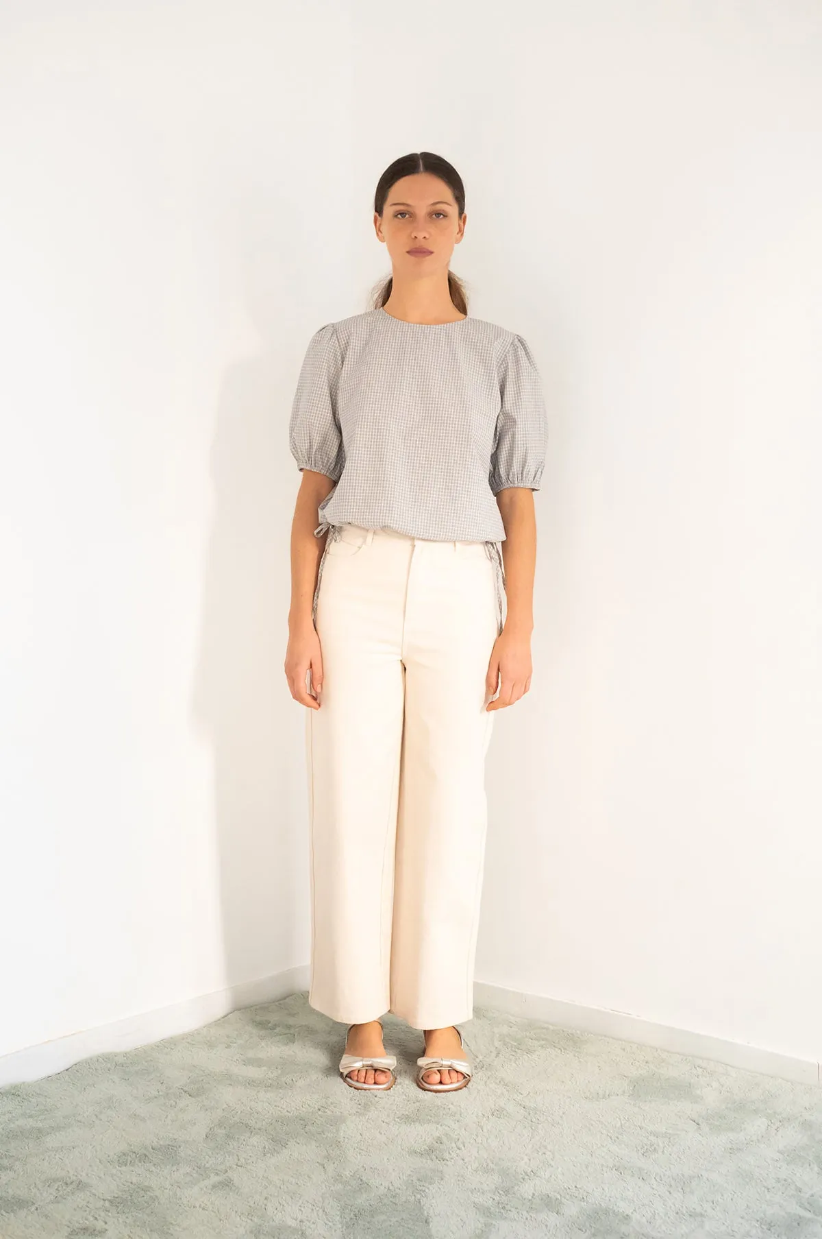 Small Check Puff Sleeves Blouse Dark Vanilla/Azure