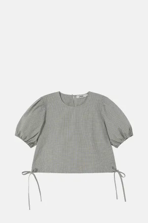 Small Check Puff Sleeves Blouse Dark Vanilla/Azure