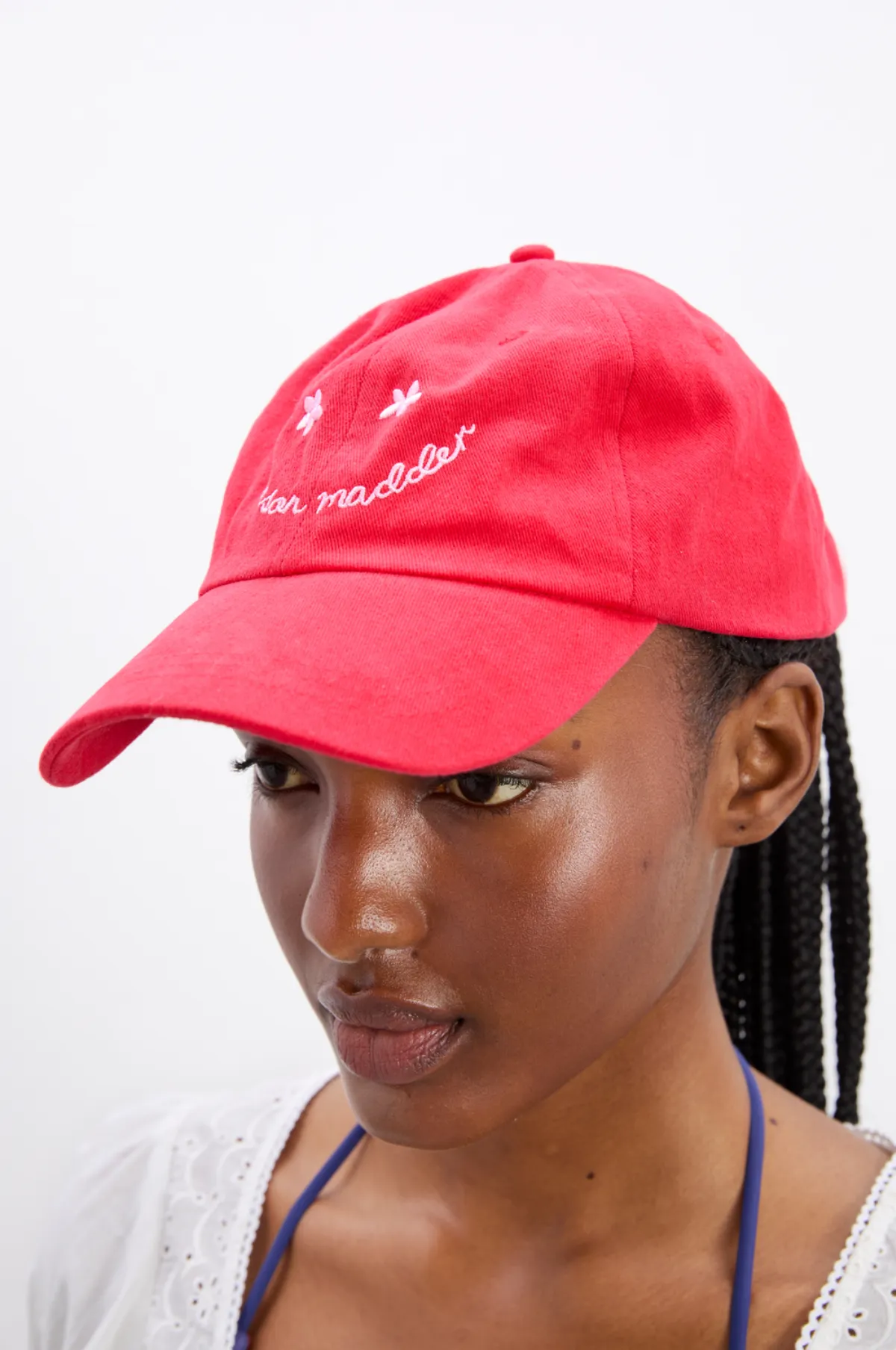 Washed Smiley Cap Red with Pink Embroidery